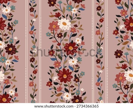Seamless floral pattern with colorful blooming flowers on dark background, perfect for fabric, wallpaper, wrapping paper, and digital design projects.