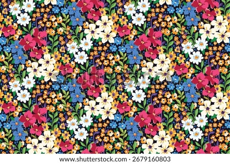 Seamless floral pattern, colorful botanical surface design of painted summer meadow. Beautiful ditsy print of hand drawn wild plants, small flowers, leaves in abstract composition. Vector illustration