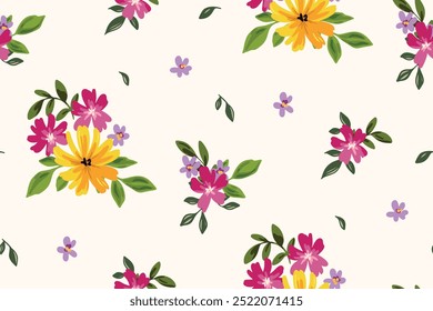 Seamless floral pattern, colorful cute ditsy print, liberty style ornament in folk motif. Botanical design: small hand drawn flowers, tiny leaves, simple decorative bouquets. Vector illustration.
