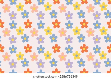 Seamless floral pattern with colorful daisy flowers on white background in retro vintage design. Design for wallpaper, cover, cards, packaging, flyer.