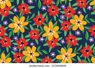 Seamless floral pattern, colorful ditsy print with small hand drawn flowers, leaves. Beautiful botanical background with simple decorative flowers, flowers meadow. Vector illustration.