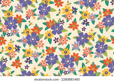 Seamless floral pattern, colorful ditsy print with retro motif. Cute botanical design with small hand drawn plants: pretty decorative flowers, tiny leaves on a white background. Vector illustration.