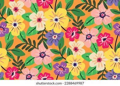 Seamless floral pattern, colorful ditsy print with summer meadow. Cute botanical design for fabric, paper with hand drawn small flowers, large leaves on a yellow background. Vector illustration.