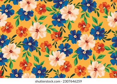 Seamless floral pattern, colorful ditsy print with pretty summer botany. Beautiful botanical design: blooming meadow, small hand drawn flowers, tiny leaves on a yellow background. Vector illustration.