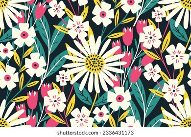 Seamless floral pattern, colorful ditsy print in retro style. Cute botanical design with a wild garden: large hand drawn daisies, small flowers, twigs, leaves on black background. Vector illustration.