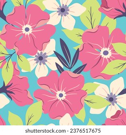 Seamless floral pattern, colorful ditsy print with retro tropical motif. Cute botanical surface design: large hand drawn flowers, leaves, lush foliage on a blue background. Vector illustration.