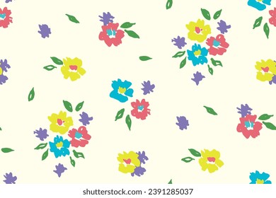 Nahtlose Blumenmuster, bunter Farbdruck mit kleinen hellen Blumen auf Weiß. Einfaches botanisches Design im Sommer, Stoffmuster: handgezeichnete kleine Blumen, Blätter im Freiheitsstil. Vektorgrafik