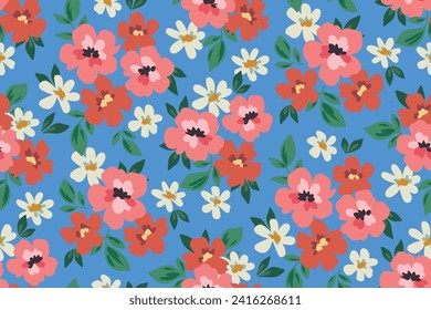 Seamless floral pattern, colorful ditsy print with liberty meadow in a retro motif. Cute botanical design: small hand drawn flowers, tiny leaves, simple bouquets abstract on blue. Vector illustration.