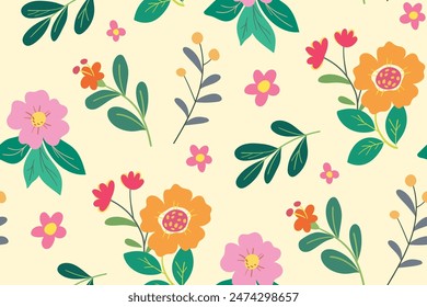 Seamless floral pattern, colorful ditsy print, abstract ornament in retro folk motif. Pretty decorative art botanical design of hand drawn large, small flowers, leaves, wild herbs. Vector illustration