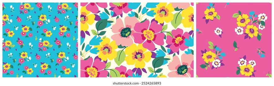 Seamless floral pattern, colorful ditsy print, abstract flower ornament of hand drawn flowers. Bright botanical surface design: large and small flowers, leaves, simple bouquets. Vector illustration.