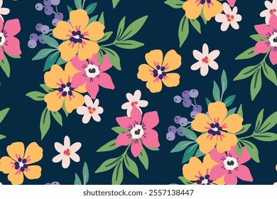 Seamless floral pattern, colorful ditsy print with cute summer plants. Stylish botanical design of small hand drawn flowers, tiny leaves, simple bouquets in abstract composition. Vector illustration.