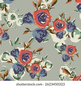 Seamless floral pattern, colorful ditsy print, abstract ornament in retro folk motif. Pretty decorative art botanical design of hand drawn large, small flowers, leaves, wild herbs. Vector illustration