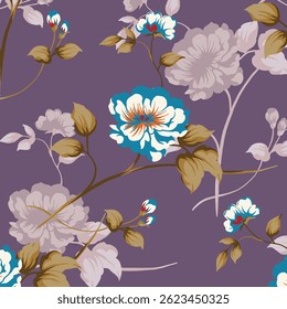Seamless floral pattern, colorful ditsy print, abstract ornament in retro folk motif. Pretty decorative art botanical design of hand drawn large, small flowers, leaves, wild herbs. Vector illustration