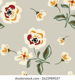 Seamless floral pattern, colorful ditsy print, abstract ornament in retro folk motif. Pretty decorative art botanical design of hand drawn large, small flowers, leaves, wild herbs. Vector illustration
