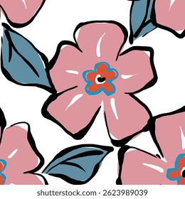 Seamless floral pattern, colorful ditsy print, abstract ornament in retro folk motif. Pretty decorative art botanical design of hand drawn large, small flowers, leaves, wild herbs. Vector illustration
