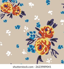 Seamless floral pattern, colorful ditsy print, abstract ornament in retro folk motif. Pretty decorative art botanical design of hand drawn large, small flowers, leaves, wild herbs. Vector illustration