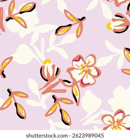 Seamless floral pattern, colorful ditsy print, abstract ornament in retro folk motif. Pretty decorative art botanical design of hand drawn large, small flowers, leaves, wild herbs. Vector illustration