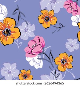 Seamless floral pattern, colorful ditsy print, abstract ornament in retro folk motif. Pretty decorative art botanical design of hand drawn large, small flowers, leaves, wild herbs. Vector illustration