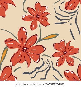 Seamless floral pattern, colorful ditsy print, abstract ornament in retro folk motif. Pretty decorative art botanical design of hand drawn large, small flowers, leaves, wild herbs. Vector illustration