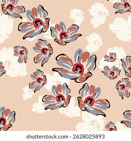 Seamless floral pattern, colorful ditsy print, abstract ornament in retro folk motif. Pretty decorative art botanical design of hand drawn large, small flowers, leaves, wild herbs. Vector illustration