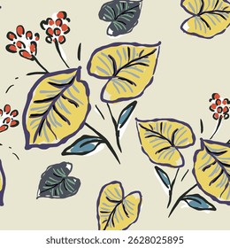 Seamless floral pattern, colorful ditsy print, abstract ornament in retro folk motif. Pretty decorative art botanical design of hand drawn large, small flowers, leaves, wild herbs. Vector illustration