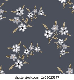 Seamless floral pattern, colorful ditsy print, abstract ornament in retro folk motif. Pretty decorative art botanical design of hand drawn large, small flowers, leaves, wild herbs. Vector illustration