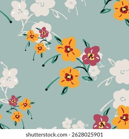 Seamless floral pattern, colorful ditsy print, abstract ornament in retro folk motif. Pretty decorative art botanical design of hand drawn large, small flowers, leaves, wild herbs. Vector illustration