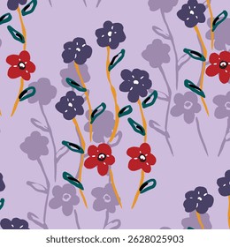 Seamless floral pattern, colorful ditsy print, abstract ornament in retro folk motif. Pretty decorative art botanical design of hand drawn large, small flowers, leaves, wild herbs. Vector illustration