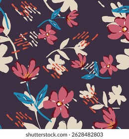 Seamless floral pattern, colorful ditsy print, abstract ornament in retro folk motif. Pretty decorative art botanical design of hand drawn large, small flowers, leaves, wild herbs. Vector illustration