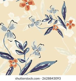 Seamless floral pattern, colorful ditsy print, abstract ornament in retro folk motif. Pretty decorative art botanical design of hand drawn large, small flowers, leaves, wild herbs. Vector illustration