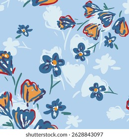Seamless floral pattern, colorful ditsy print, abstract ornament in retro folk motif. Pretty decorative art botanical design of hand drawn large, small flowers, leaves, wild herbs. Vector illustration
