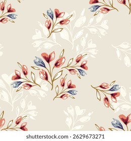 Seamless floral pattern, colorful ditsy print, abstract ornament in retro folk motif. Pretty decorative art botanical design of hand drawn large, small flowers, leaves, wild herbs. Vector illustration