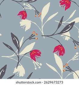 Seamless floral pattern, colorful ditsy print, abstract ornament in retro folk motif. Pretty decorative art botanical design of hand drawn large, small flowers, leaves, wild herbs. Vector illustration