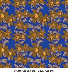 Seamless floral pattern, colorful ditsy print, abstract ornament in retro folk motif. Pretty decorative art botanical design of hand drawn large, small flowers, leaves, wild herbs. Vector illustration
