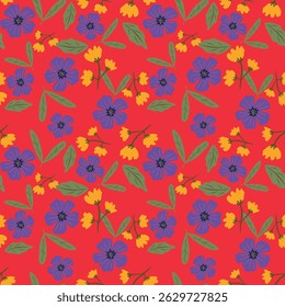 Seamless floral pattern, colorful ditsy print, abstract ornament in retro folk motif. Pretty decorative art botanical design of hand drawn large, small flowers, leaves, wild herbs. Vector illustration