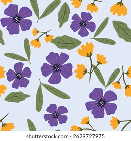 Seamless floral pattern, colorful ditsy print, abstract ornament in retro folk motif. Pretty decorative art botanical design of hand drawn large, small flowers, leaves, wild herbs. Vector illustration
