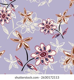 Seamless floral pattern, colorful ditsy print, abstract ornament in retro folk motif. Pretty decorative art botanical design of hand drawn large, small flowers, leaves, wild herbs. Vector illustration