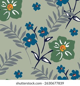 Seamless floral pattern, colorful ditsy print, abstract ornament in retro folk motif. Pretty decorative art botanical design of hand drawn large, small flowers, leaves, wild herbs. Vector illustration