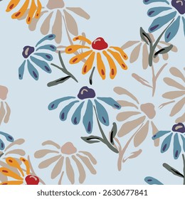 Seamless floral pattern, colorful ditsy print, abstract ornament in retro folk motif. Pretty decorative art botanical design of hand drawn large, small flowers, leaves, wild herbs. Vector illustration