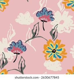 Seamless floral pattern, colorful ditsy print, abstract ornament in retro folk motif. Pretty decorative art botanical design of hand drawn large, small flowers, leaves, wild herbs. Vector illustration