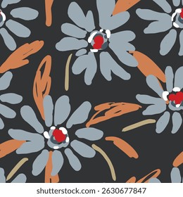 Seamless floral pattern, colorful ditsy print, abstract ornament in retro folk motif. Pretty decorative art botanical design of hand drawn large, small flowers, leaves, wild herbs. Vector illustration