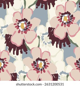  Seamless floral pattern, colorful ditsy print, abstract ornament in retro folk motif. Pretty decorative art botanical design of hand drawn large, small flowers, leaves, wild herbs. Vector illustratio
