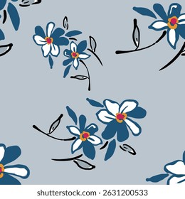  Seamless floral pattern, colorful ditsy print, abstract ornament in retro folk motif. Pretty decorative art botanical design of hand drawn large, small flowers, leaves, wild herbs. Vector illustratio