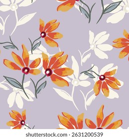  Seamless floral pattern, colorful ditsy print, abstract ornament in retro folk motif. Pretty decorative art botanical design of hand drawn large, small flowers, leaves, wild herbs. Vector illustratio