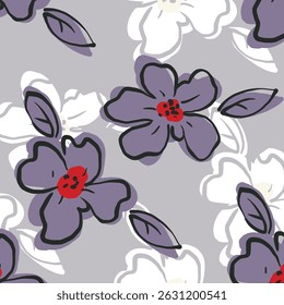  Seamless floral pattern, colorful ditsy print, abstract ornament in retro folk motif. Pretty decorative art botanical design of hand drawn large, small flowers, leaves, wild herbs. Vector illustratio