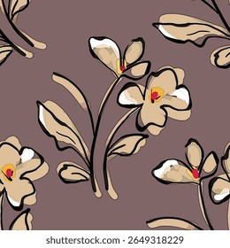 Seamless floral pattern, colorful ditsy print, abstract ornament in retro folk motif. Pretty decorative art botanical design of hand drawn large, small flowers, leaves, wild herbs. Vector illustration
