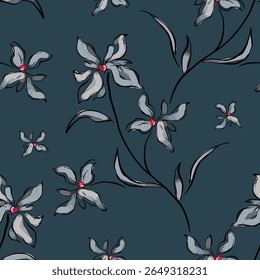 Seamless floral pattern, colorful ditsy print, abstract ornament in retro folk motif. Pretty decorative art botanical design of hand drawn large, small flowers, leaves, wild herbs. Vector illustration
