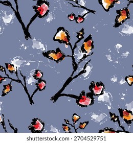 Patrón floral sin fisuras, estampado colorido ditsy, adorno abstracto en motivo popular retro. Diseño botánico del arte decorativo bonito de las flores Grandes, Pequeñas, hojas, hierbas silvestres dibujadas a mano. Ilustración vectorial
