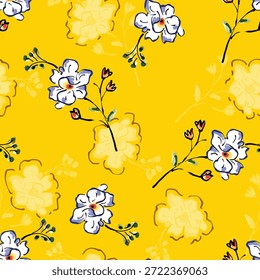  Seamless floral pattern, colorful ditsy print, abstract ornament in retro folk motif. Pretty decorative art botanical design of hand drawn large, small flowers, leaves, wild herbs. Vector illustration.
