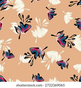  Padrão floral perfeito, impressão colorida, ornamento abstrato em motivo folclórico retrô. Arte muito decorativa design botânico de mão desenhada grandes, pequenas flores, folhas, ervas selvagens. Ilustração vetorial.